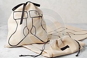Canvas bag with drawstring, mockup of small eco sack made from natural cotton fabric