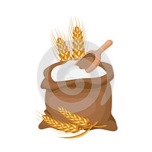 A canvas bag with flour, a wooden spatula and ears of wheat and rye. Agriculture icon, design element