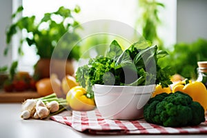 canvas bag with fresh organic produce on kitchen counter