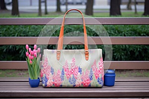 canvas bag with hyacinths on a park bench