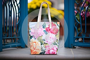 canvas bag with peonies on a bright day