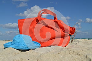 Canvas Beach Bag and Hat in the Sand