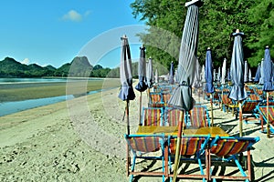 Canvas chairs for rent, sleep at the beach, sea in Thailand