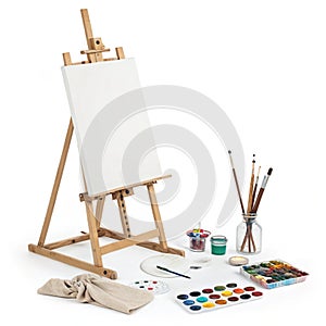 Canvas and easel isolated on white background photo