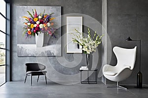 a canvas framed in a massive frame dominates a slate gray wall