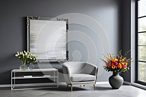 a canvas framed in a massive frame dominates a slate gray wall
