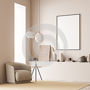 Canvas in minimalist beige living room with armchair and poster. Corner view