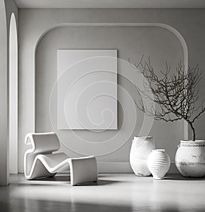 Canvas mockup in minimalist interior background with armchair and rustic decor