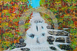 Canvas Oil Painting of Waterfall in Autumn