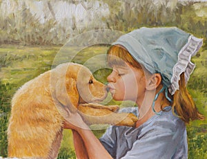 On canvas portrait of a little girl and her dog