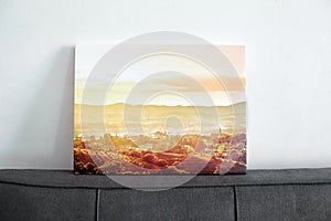 Canvas print in white wall room, photo canvas stretched on stretcher bar