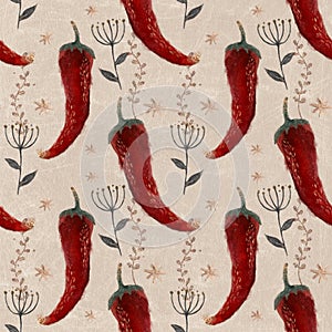 Seamless watercolor pattern with red hot peppers and herbs on a beige