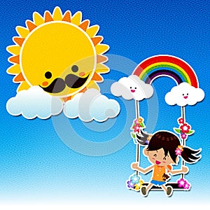 Canvas style Smile girl playing the swing under a sun and rainbow with white cloud, blue sky