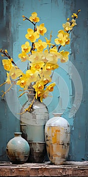 Canvas Texture Emphasis: Sculpted Vases With Yellow Flowers