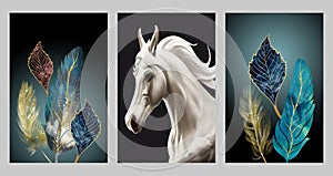 Canvas wall decor poster art. colorful leaves and feathers. 3d rendering white horse in black gray background