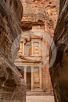 Canyon in the ancient city of Petra (Jordan) - opening view of the famous Al-Khazneh (aka Treasury)
