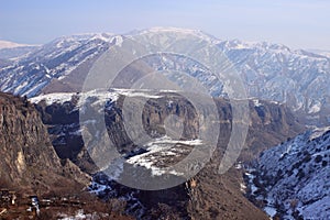 The canyon of Azat river and Symphony of Stones near Garni in winter