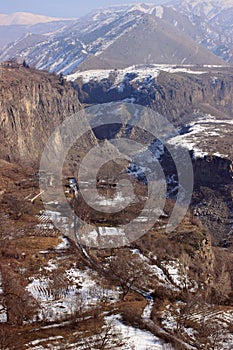 The canyon of Azat river and Symphony of Stones near Garni in winter