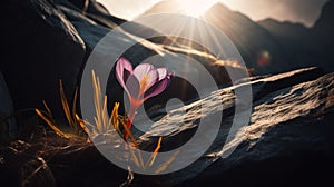 Canyon And Crocus Flower At Sunrise: A Vibrant And Lively Photography In The Style Of Michal Karcz And Felicia Simion photo