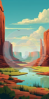Canyon Landscape Vector Illustration With Naturalistic Bird Portraits