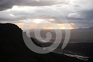 Canyon and Mountain peak during dramatic and colorful sunset on the Fimmvorduhals Hiking trail near Thorsmork