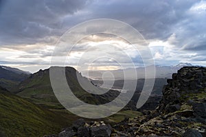 Canyon and Mountain peak during dramatic and colorful sunset on the Fimmvorduhals Hiking trail near Thorsmork