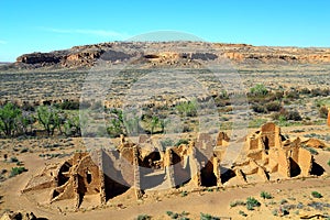 Chaco Culture National Historical Park, Kin Kletso Ruins and Southwest Desert in Morning Light from Canyon Rim, New Mexico, USA photo