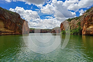 Canyon of San Francisco river. Green waters, orange walls