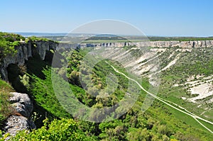 Canyon seen from Cave city Chufut-Kale or Cufut Qale. Bakhchisaray