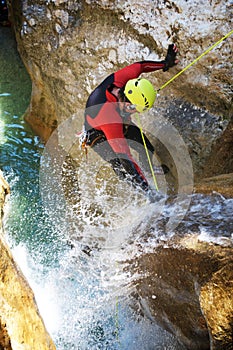 Canyoning in Formiga Canyon, Spain. photo