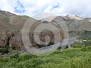 Canyons with corn field in the valley of Markah in Ladakh, India.