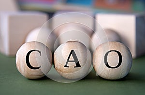 CAO - acronym on wooden balls on the background of wooden large cubes