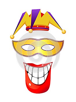 cap of buffoon, theater mask and smile with teeth