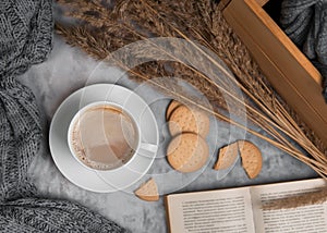 Cap of cappuccino on gray concrete background with cookies, book and dry reeds