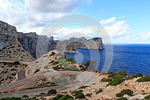 Cap de Formentor cliff coast, Mediterranean Sea and narrow curvy road, Majorca