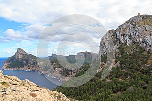 Cap de Formentor cliff, Mediterranean Sea and Watchtower Talaia d`Albercutx, Majorca