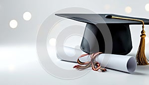 Cap and diploma, graduation day concept, white backdrop