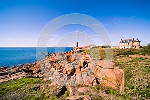 Cap Frehel Lighthouse and Atlantic Ocean on a Sunny Summer Day in Bretagne, France