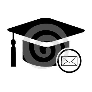 Cap, hat email symbol isolated on white background. Graduate education illustration vector icon, success web button