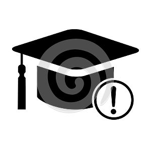 Cap, hat exclamation symbol isolated on white background. Graduate education illustration vector icon, success web button