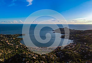 Cap le Dramont  Agay Bay  AnthÃ©or  la Baumette and Saint Raphael scenic and panoramic Aerial view at sunset in the French Riviera