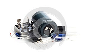 Capacitos, full wave rectifier and transistor isolated on white- Image