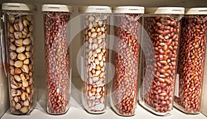 Capacity plastic vertical jars with peanuts hazelnuts pistachios on the shelf. Food, plants, agriculture