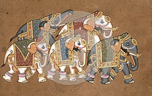 Caparisoned elephants on parade.