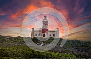 Cape Agulhas Lighthouse in the southernmost part of South Africa where the Atlantic Ocean divides from the Indian Ocean