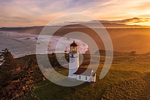 Cape Blanco Lighthouse at sunrise at the Oregon Coast.