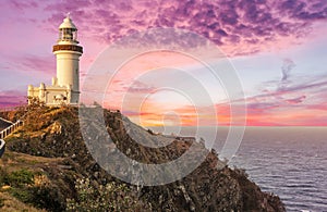 Cape Byron lighthouse in New South Wales in Australia at dramatic sunset