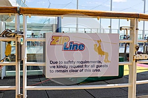 Cape Canaveral, USA - April 29, 2018: The sign zip line at cruise liner or ship Oasis of the Seas by Royal Caribbean