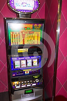 Cape Canaveral, USA - April 30, 2018: Slot machines in the casino on a cruise ship in the Caribbean Sea