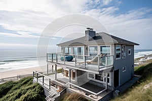 cape cod beach house with ocean view, sunbathers and surfers in the distance